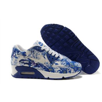 Nike Air Max 90 Womens Shoes White Deep Blue Flower New Sweden